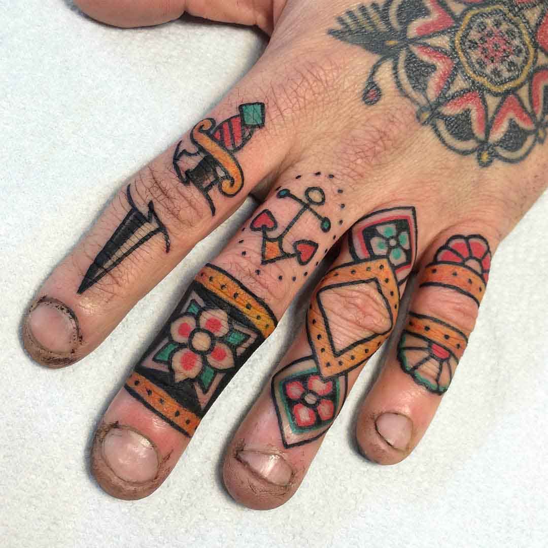 all fingers tattoos traditional style