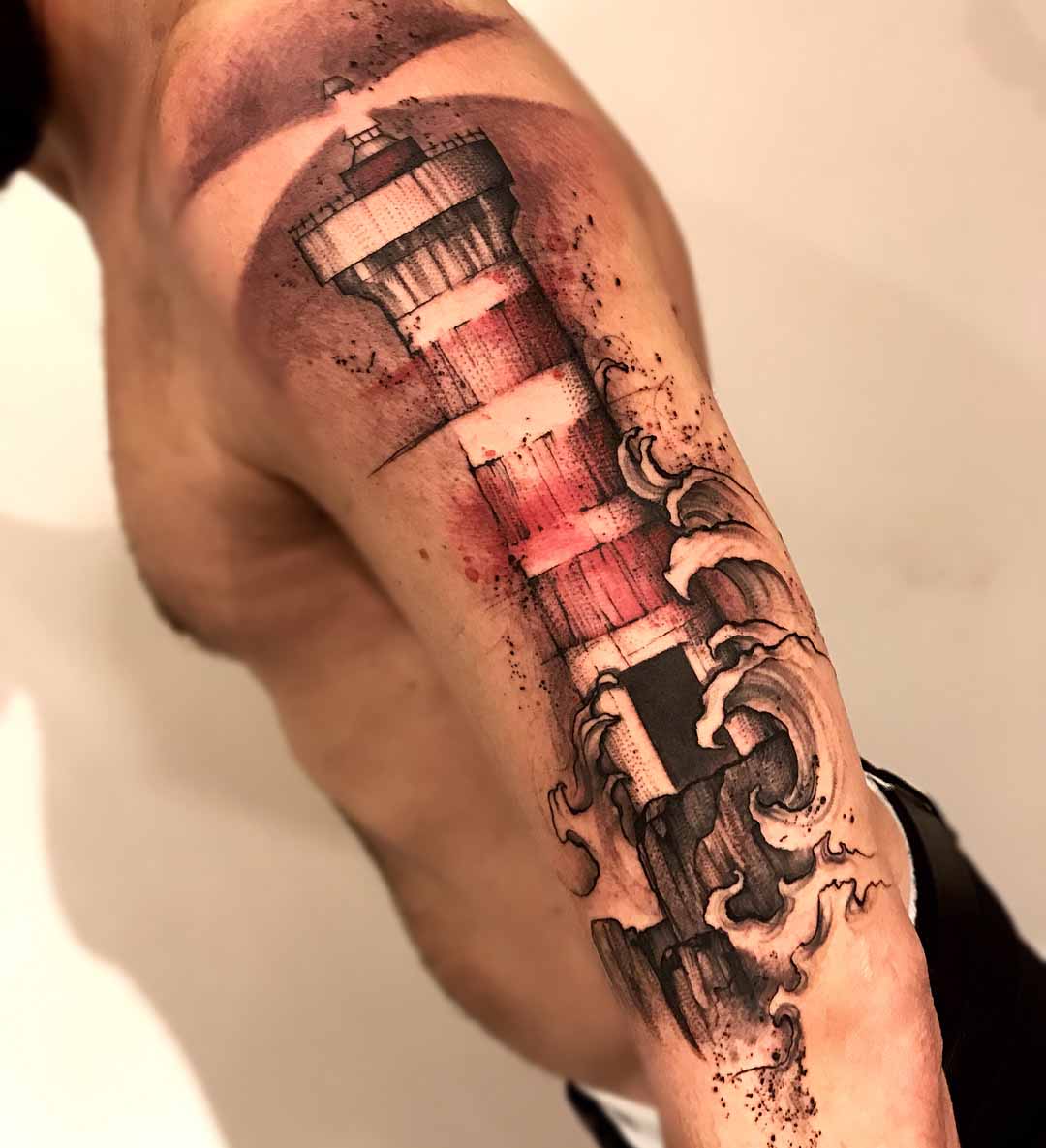 shoulder lighthouse tattoo nautical watercolor stylle