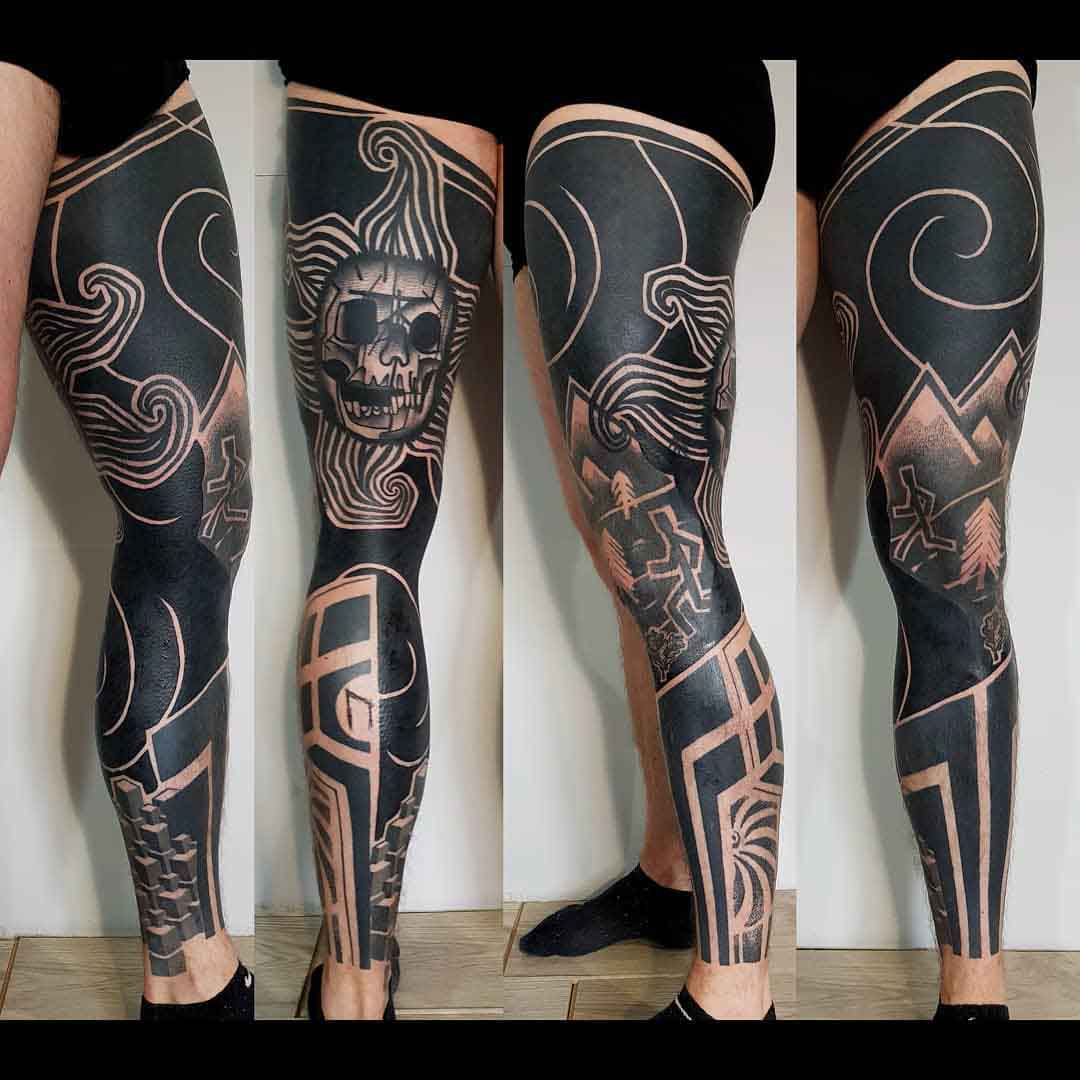 Skull tattoo on leg black tattoo sleeve