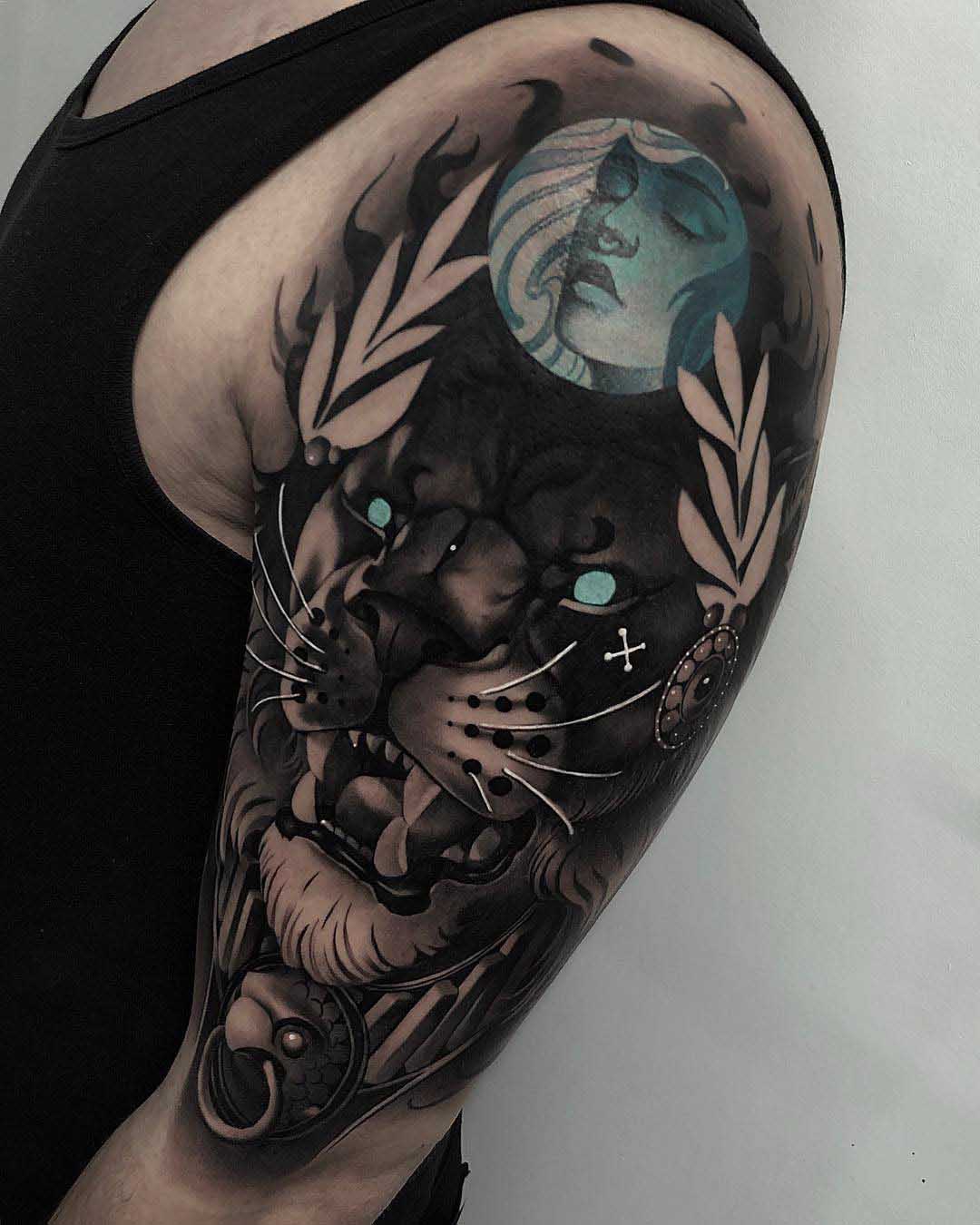 linework dotwork geometric realistic lion tattoo by Obi: TattooNOW
