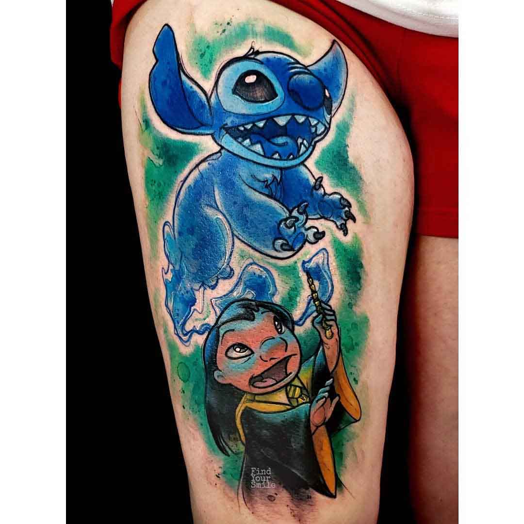 lilo and stitch meets Harry potter tattoo on thigh