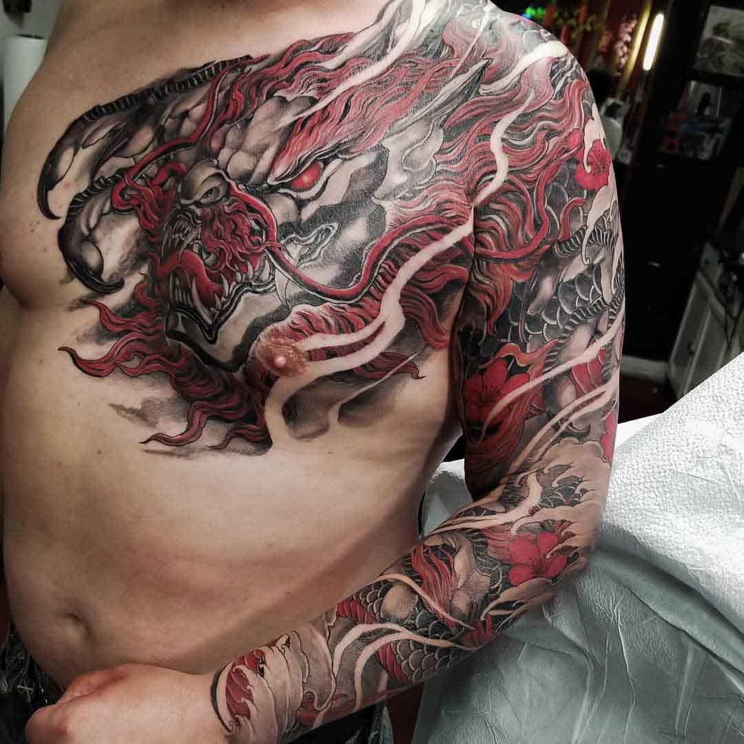 tattoo sleeve and chest red dragon