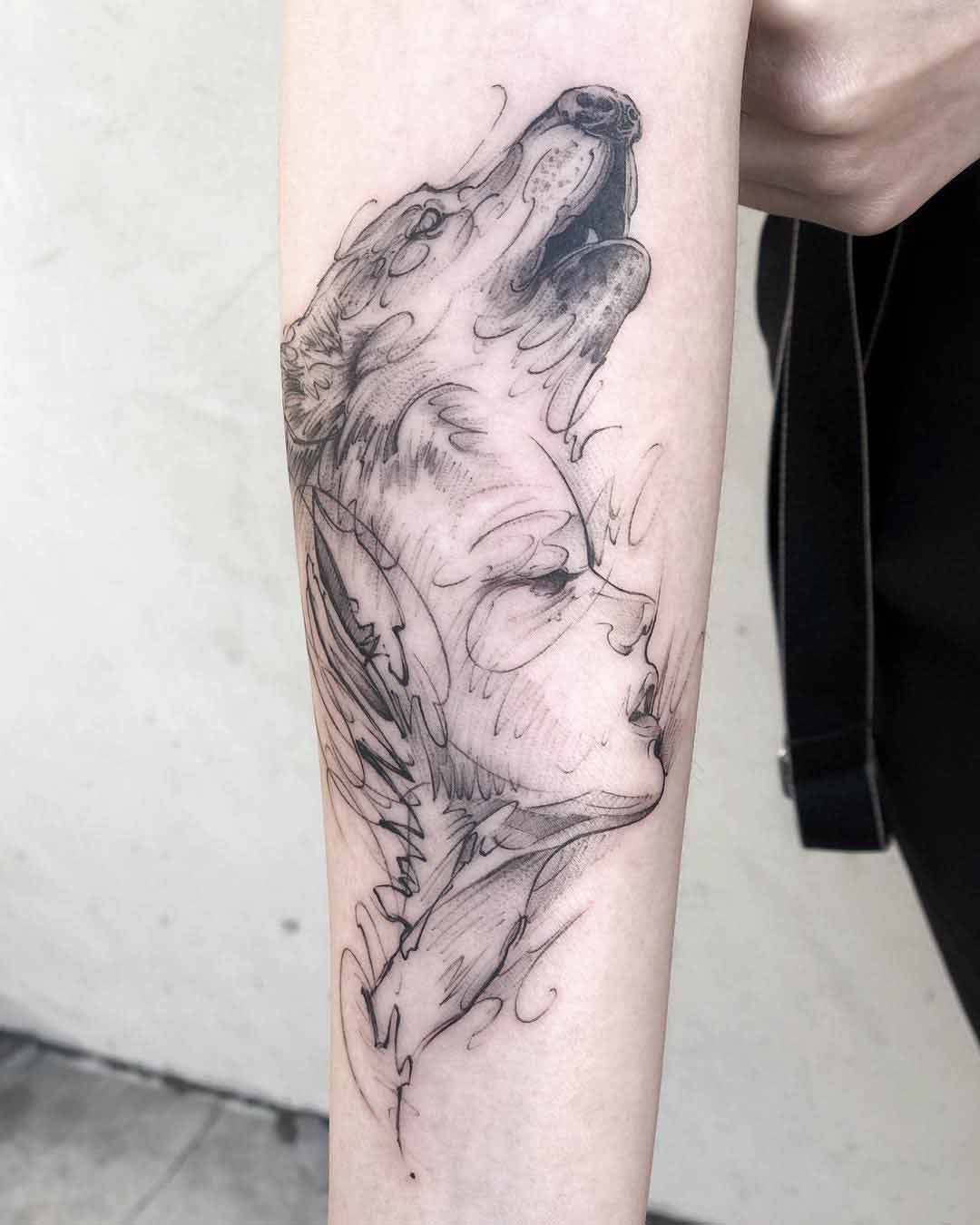 arm sketchy tattoo wolf and girl