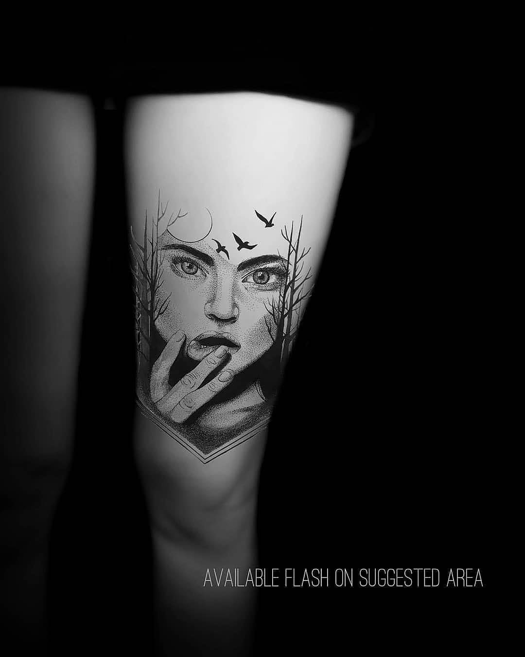 dotwork tattoo girl face on thigh