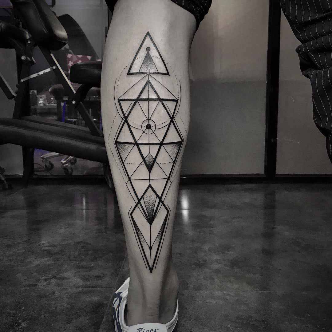 dotwork geometry tattoo on calf