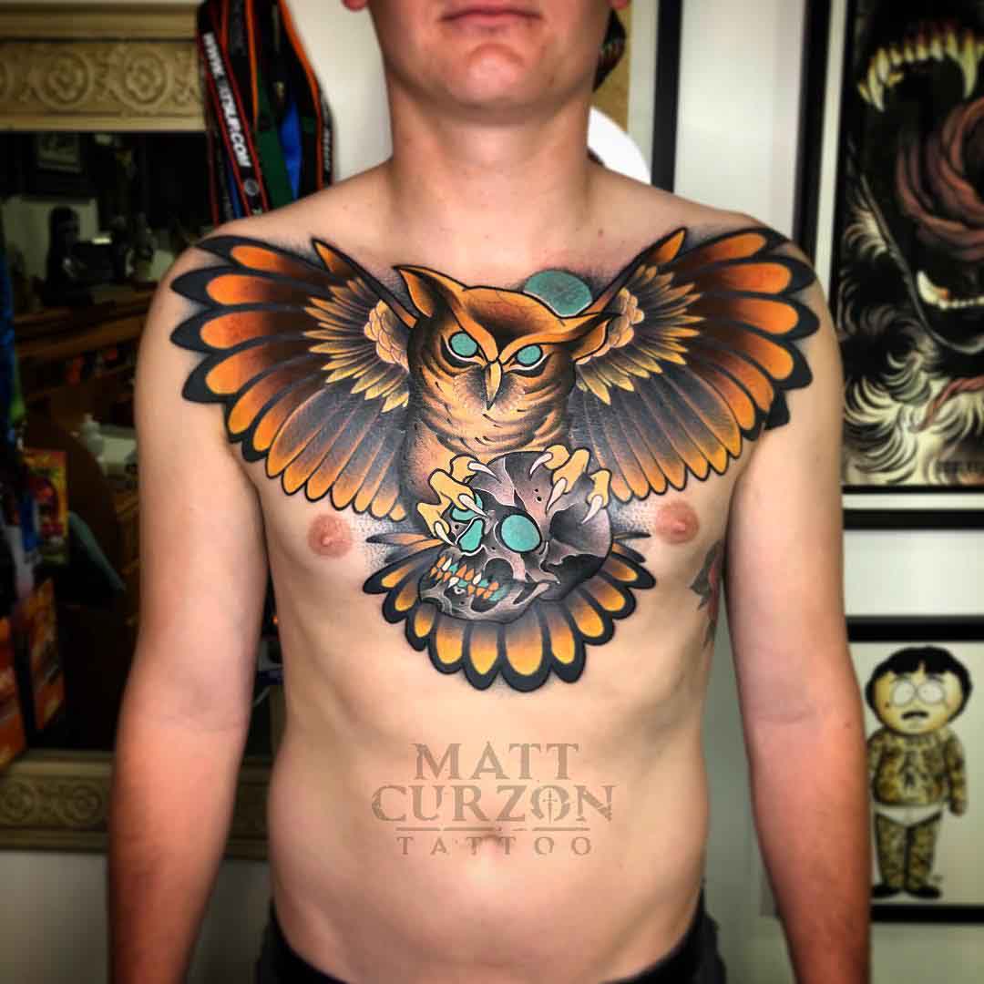chest tattoo owl with skull