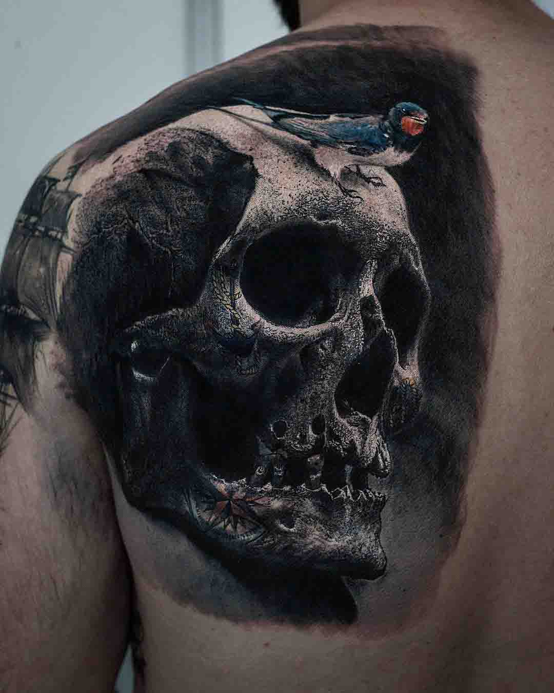 skull tattoo on shoulder blade