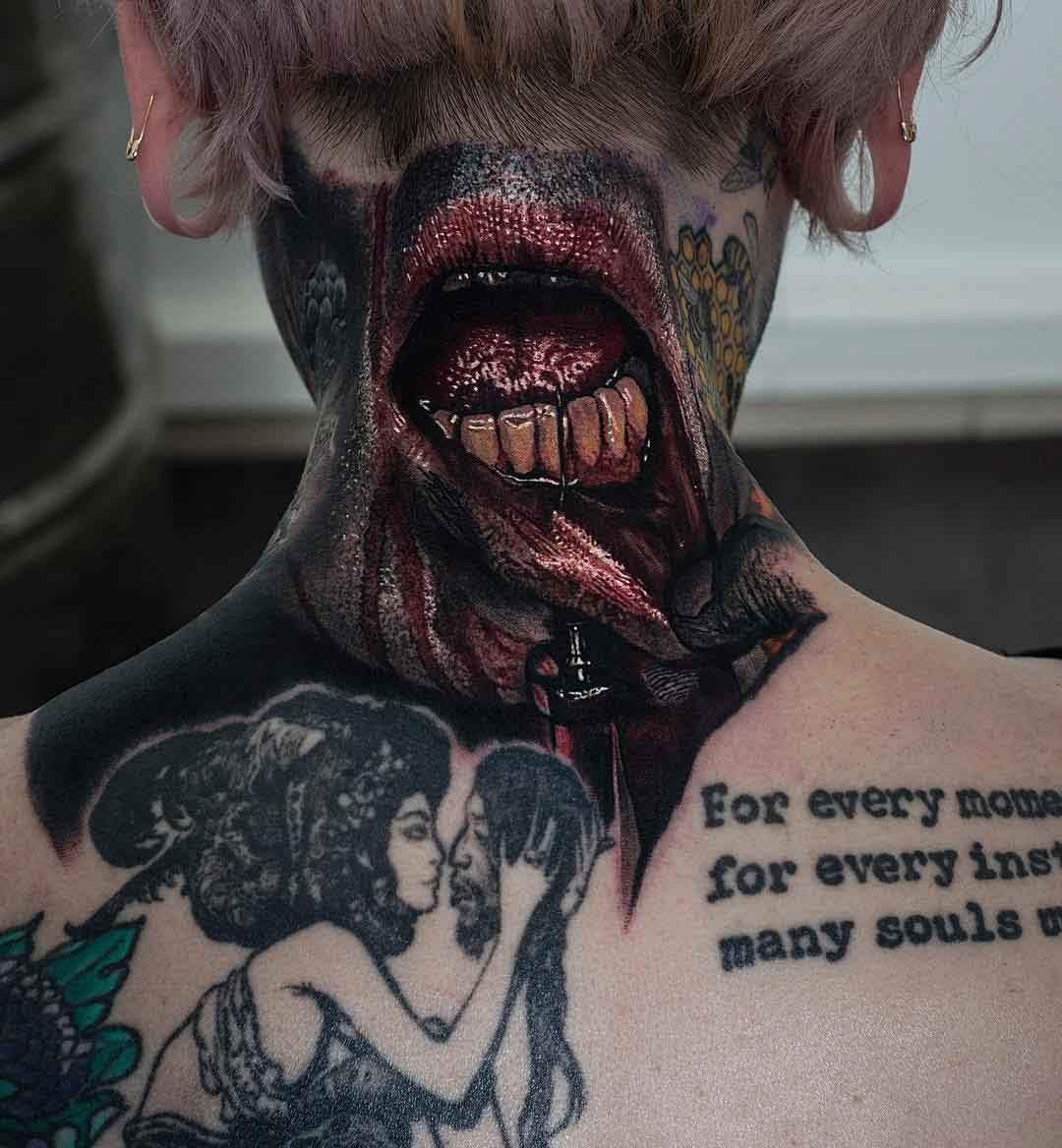 back neck tattoo lips with blood