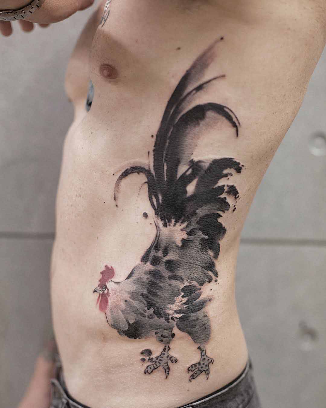 torso side tattoo rooster