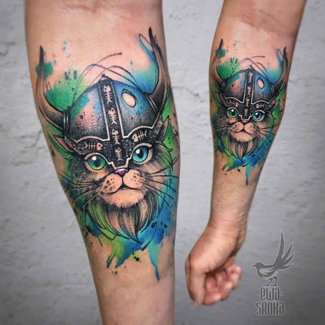 watercolor cat tattoo viking
