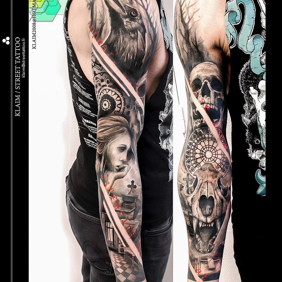 sad gothic tattoo sleeve